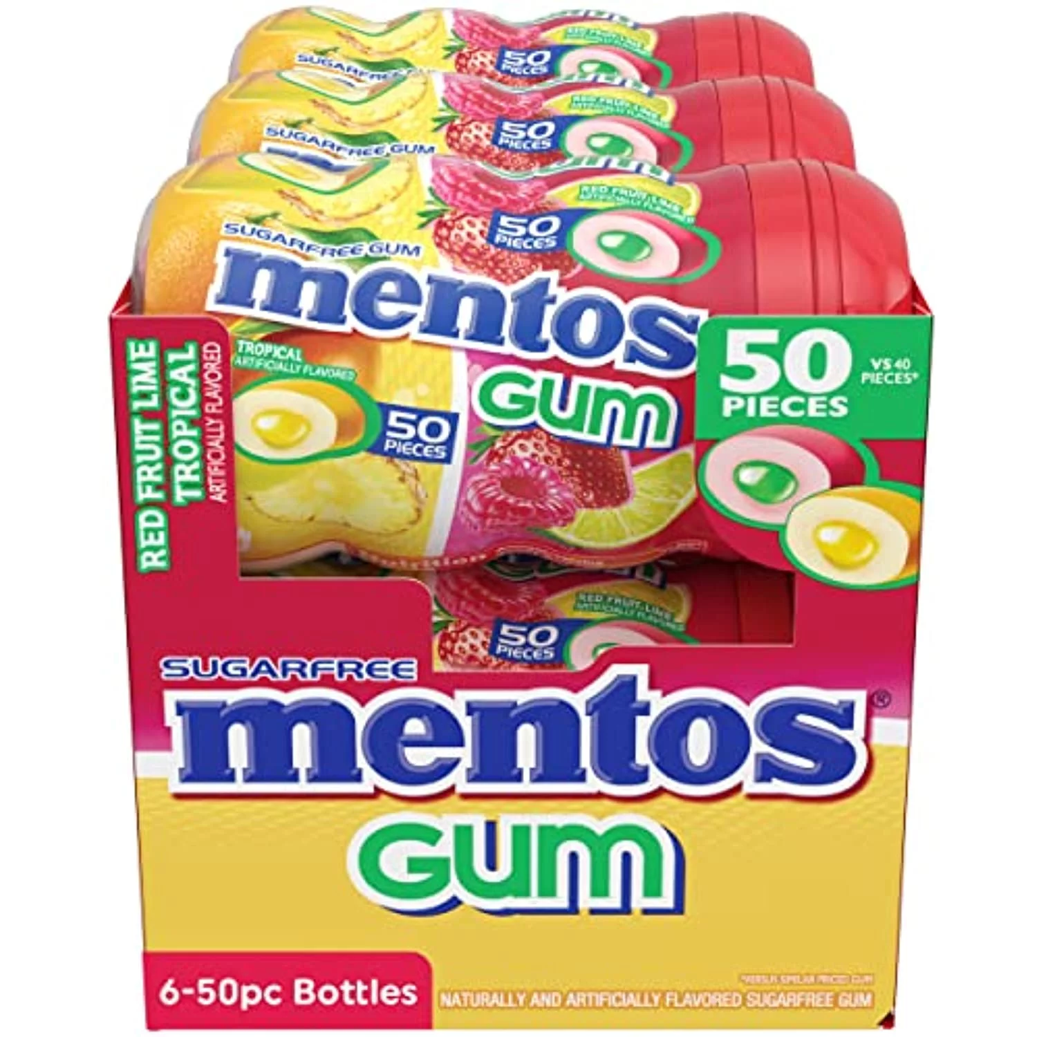 Mentos Sugar-Free Chewing Gum, Tropical, Red Fruit And Lime, 50 Piece Bottle (Pack Of 6 Bottles)