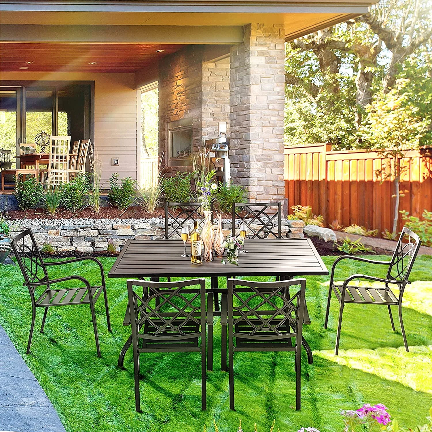 Omelaza 2 Pieces Outdoor Dining Chairs, Patio Bistro Wrought Iron Stackable Chairs with Armrest for Garden, Porch, Backyard, Black - Supports 250 lbs