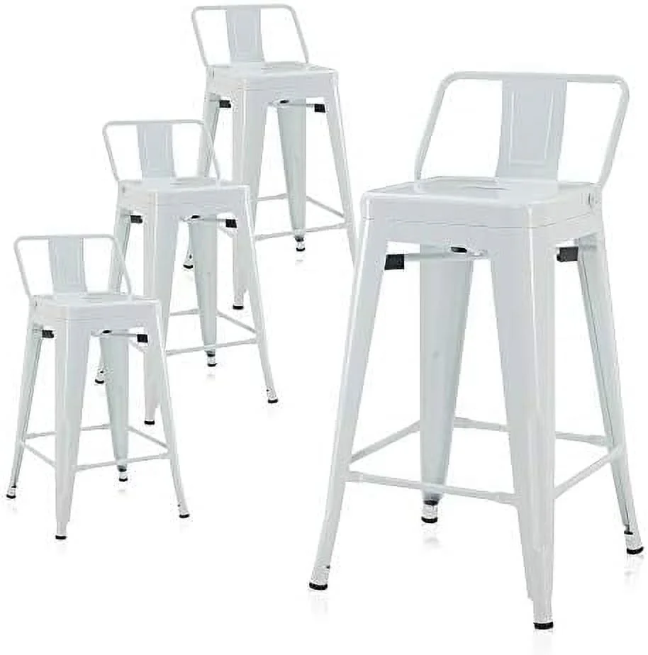 GVJMTKP 24 Inch Modern Metal  Stools  Low Back Indoor Outdoor Restaurant Patio Kitchen Dining  Contemporary Farmhouse Vintage Industrial Steel Metal [Set of 4] - Alexander (Silver)