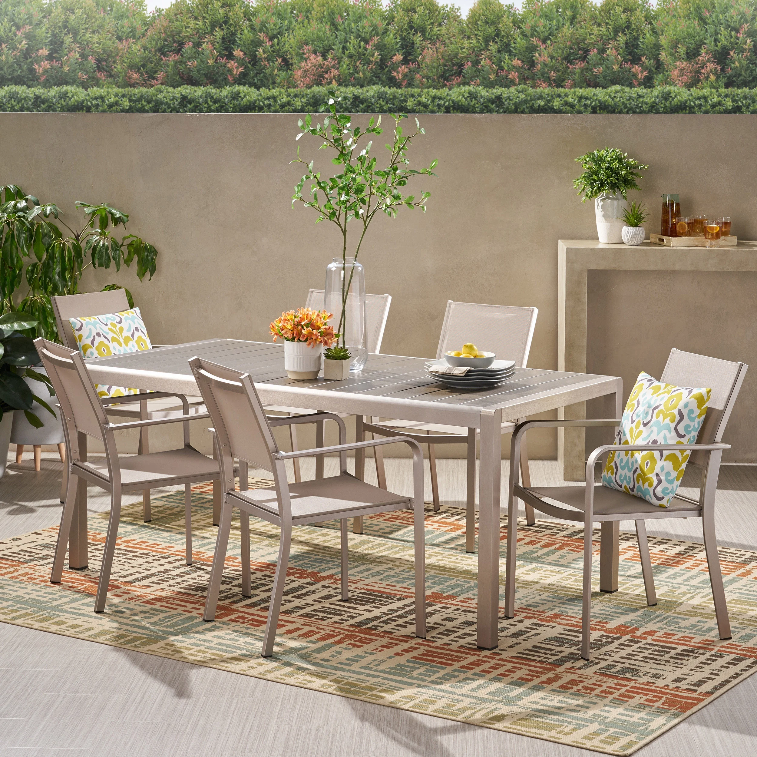 GDF Studio Tonti Outdoor Mesh and Aluminum 7 Piece Dining Set, Gray Faux Wood, Silver, and Taupe