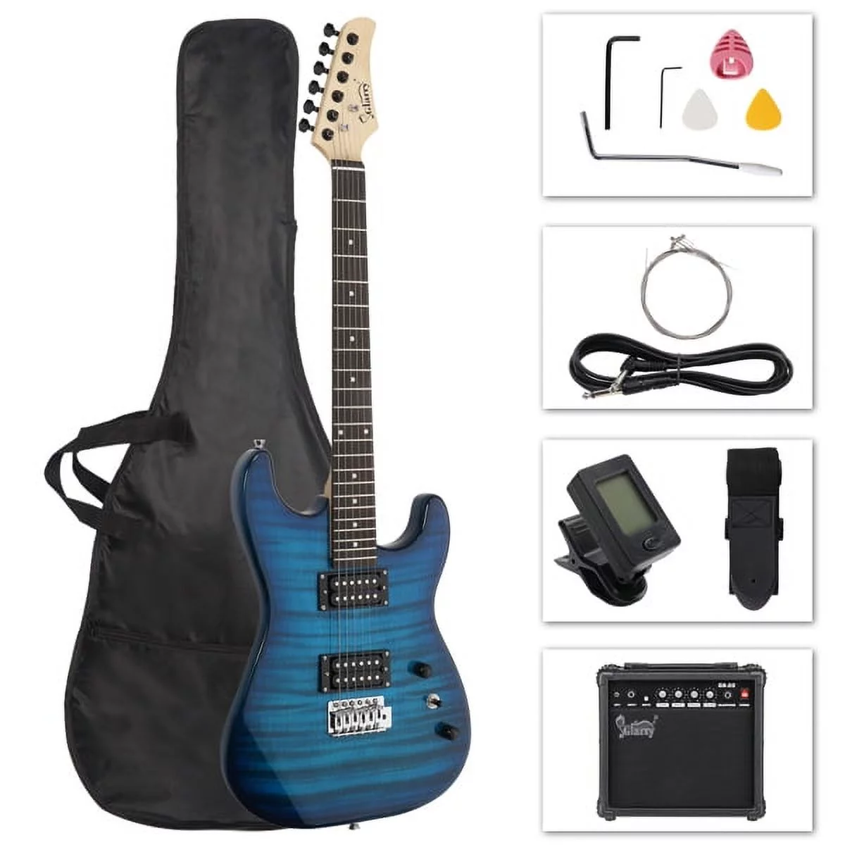 Bornmio [Do Not Sell on Amazonff] Glarry GST Stylish H-H Pickup Tiger Stripe Electric Guitar Kit with 20W AMP Bag Guitar Strap Blue