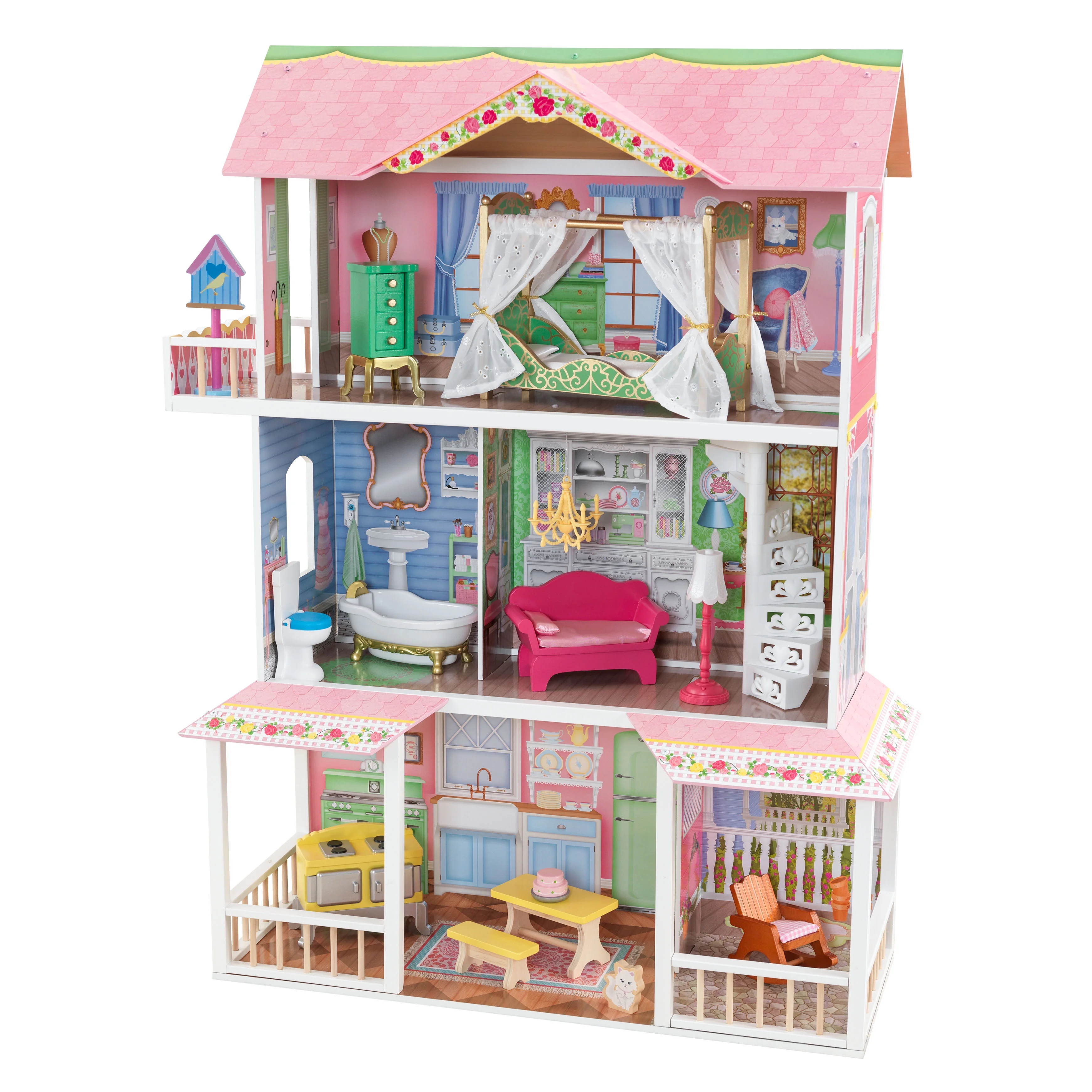 KidKraft Sweet Savannah Wooden Three-Story Dollhouse with 14 Accessories, Pink