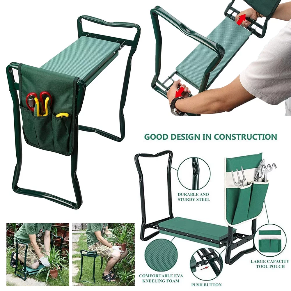 Garden Kneeler Seat Stool Bench Kneeling Pad Tool Pouch & Easy Folding Design Garden Kneeler Seat