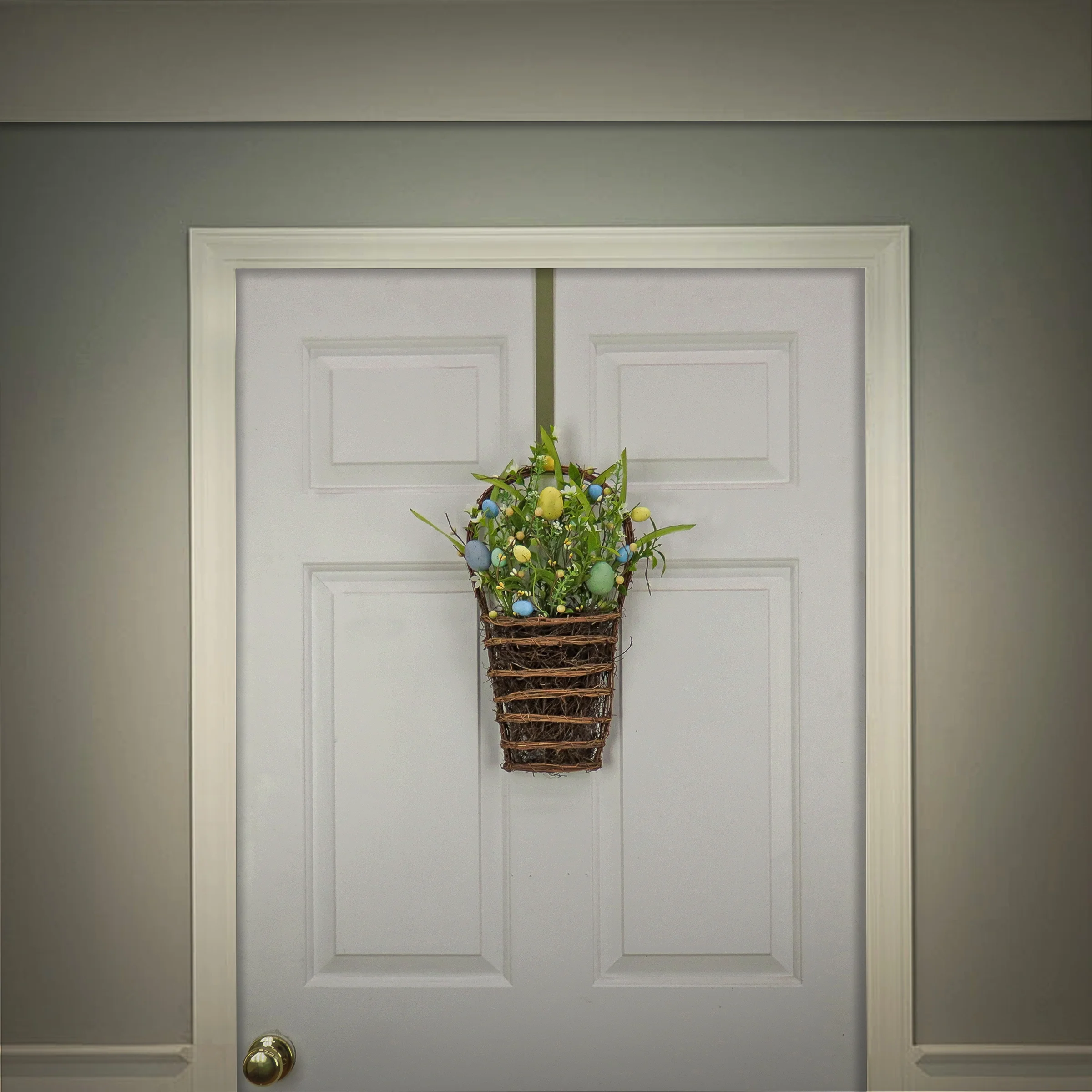National Tree Company Artificial Hanging Wall Basket, Woven Branch Base, Decorated with Pastel Eggs, Spring Flowers, Leafy Greens, Spring Collection, 18 Inches