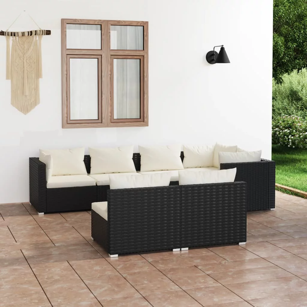 Carevas 7 Piece Patio Set with Cushions Black Poly Rattan