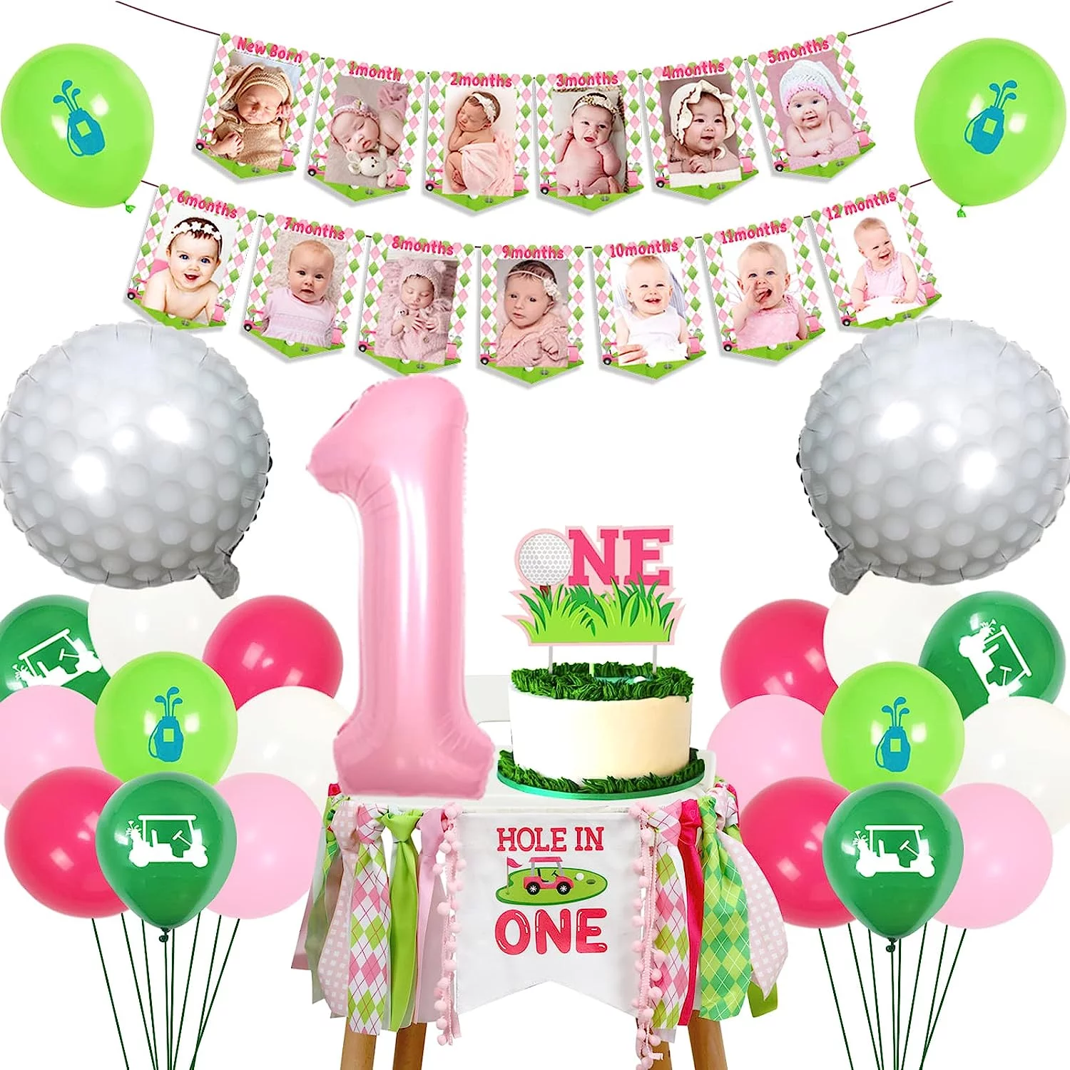 Hole in One Birthday Decorations Girl, Pink and Green Golf 1st Birthday Party Decorations, High Chair Banner, Cake Topper, Monthly Photo Banner, Foil Balloons, Outdoor Sports Theme Party Supplies