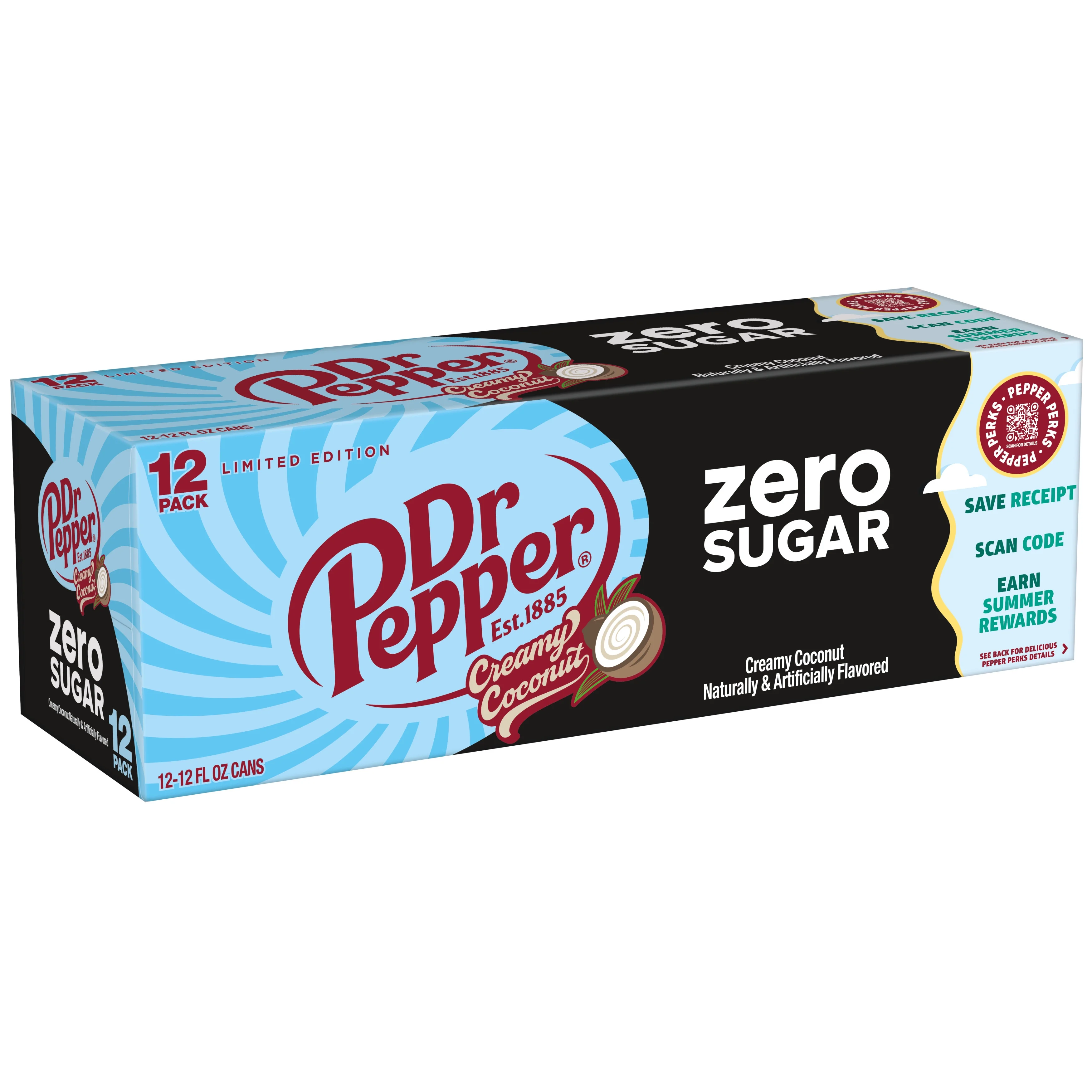 Dr Pepper Zero Sugar Creamy Coconut Soda Pop, 12 fl oz, 12 Pack Cans