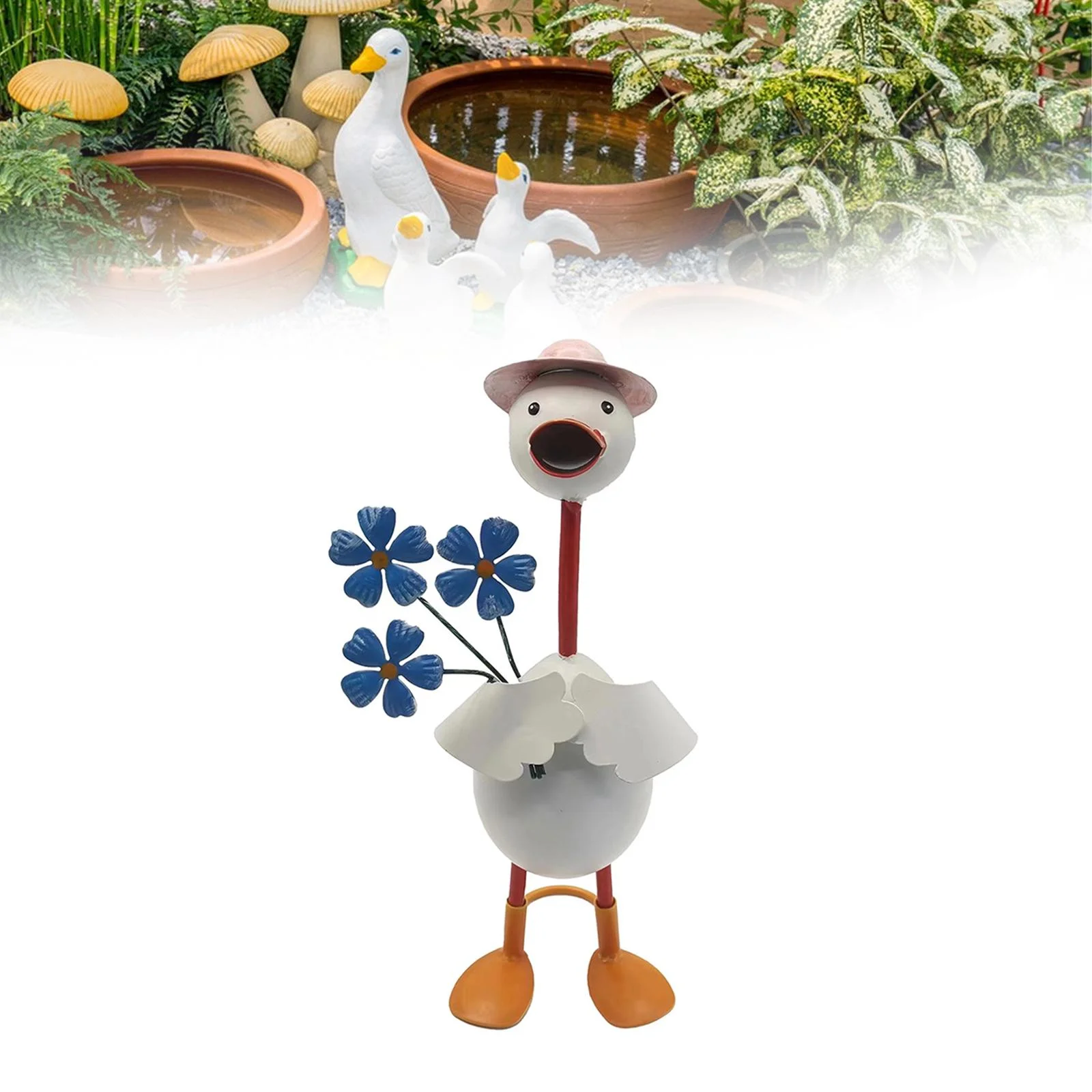 TISHITA Duck Garden Statue Animal Garden Statue Lovely Ornament for Pond Lawn Garden Blue Flowers