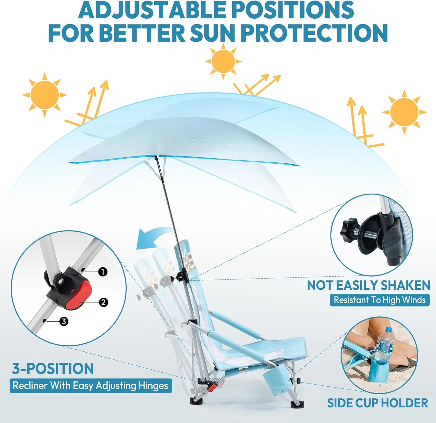 Dowinx Beach Chair with Adjustable Umbrella, Portable Low Camping Chair for Adults, High Back Lightweight Lawn Chair with Holdcup, UPF 50+ Light Blue 2 Pack