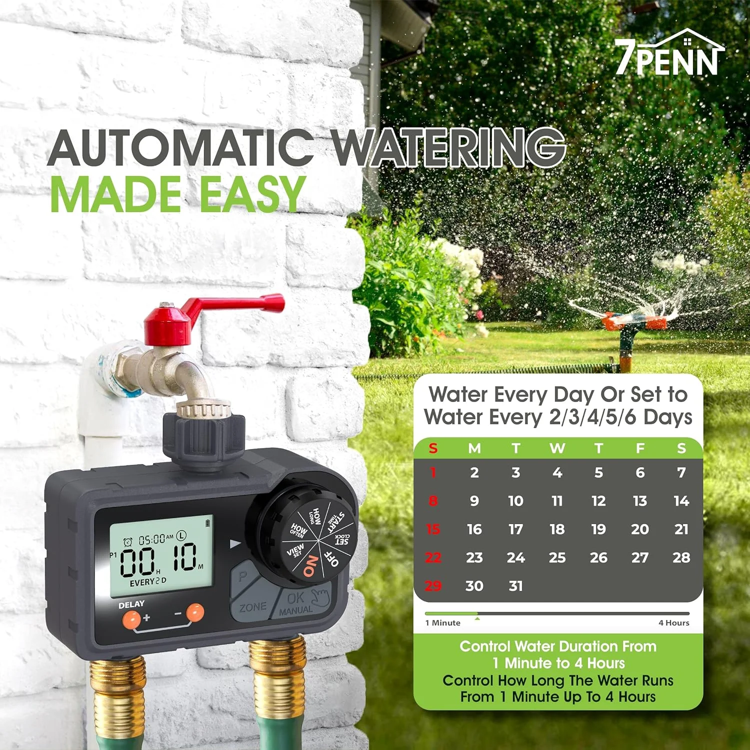 7Penn Water Sprinkler Timer Outdoor Irrigation System - Water Hose Timer Programmable 2 Zone Water Timer for Garden Hose