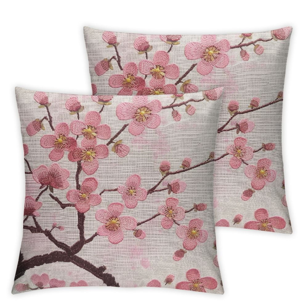 Acheng Spring Pillow Decorative Throw Pillow Cover, Pink Chinese Cherry Blossom Flower Japan Plum Branch Double Sided Square Pillow Cases Pillowcase Sofa Cushion,Set of 2 White