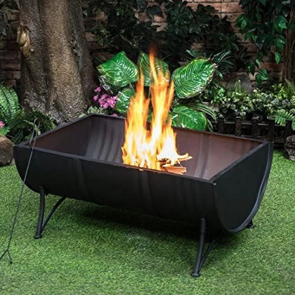 Large Oval Barrel Wood Burner Patio Firebowl For Outside Use - Outdoor Wood Burning  With Screen And PVC Cover or, Black
