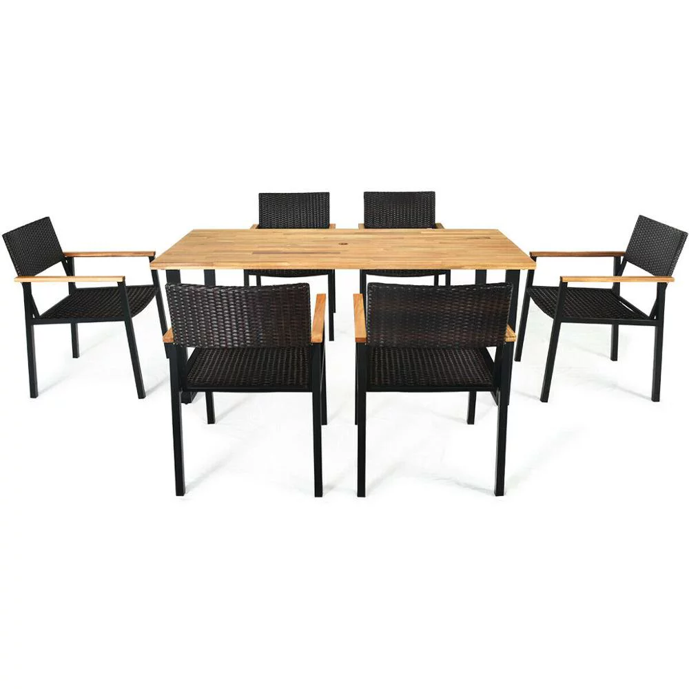 7PCS Outdoor Patio Rattan Dining Chair Table Set Solid Wood Frame Umbrella Hole