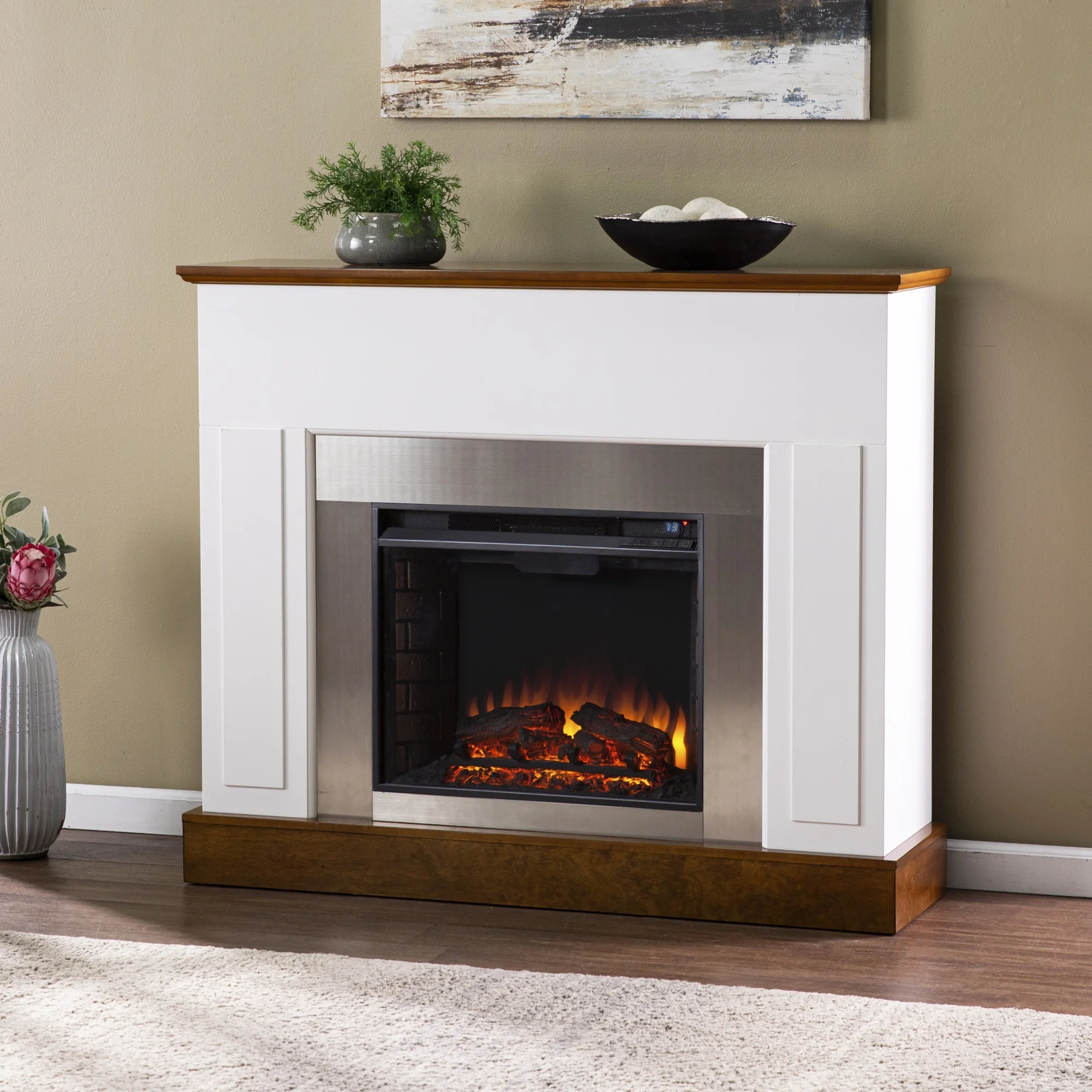 SEI Furniture Eastrington Electric Fireplace in White/Dark Tobacco/Nickel