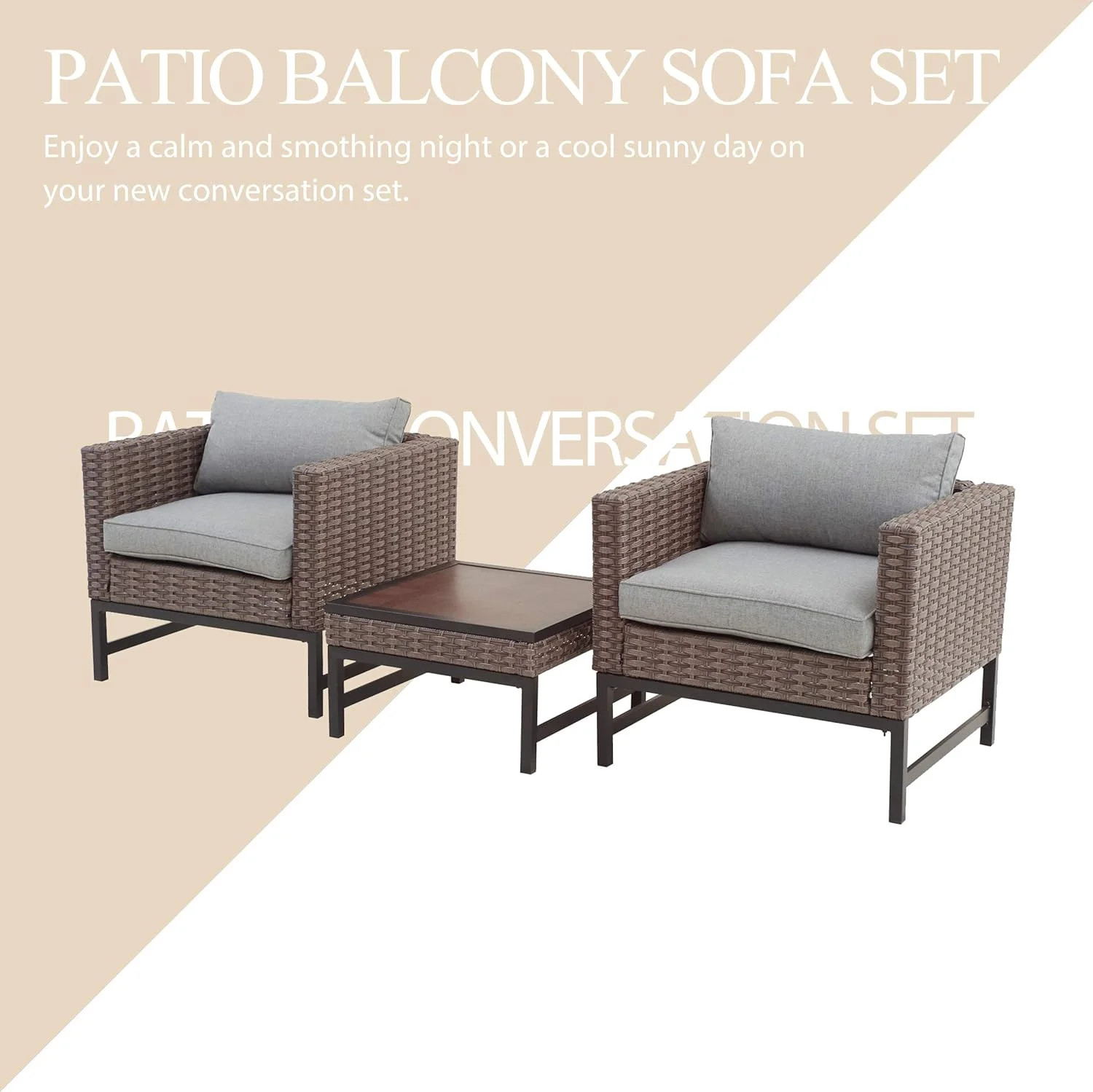 3 Pieces Outdoor Patio Balcony Furniture Rattan Conversation Set Wicker Chairs With Square Table, Brown