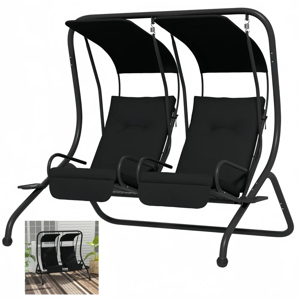 Yahaolhgd swing chair 2 seater patio swing set with stand heavy-duty black