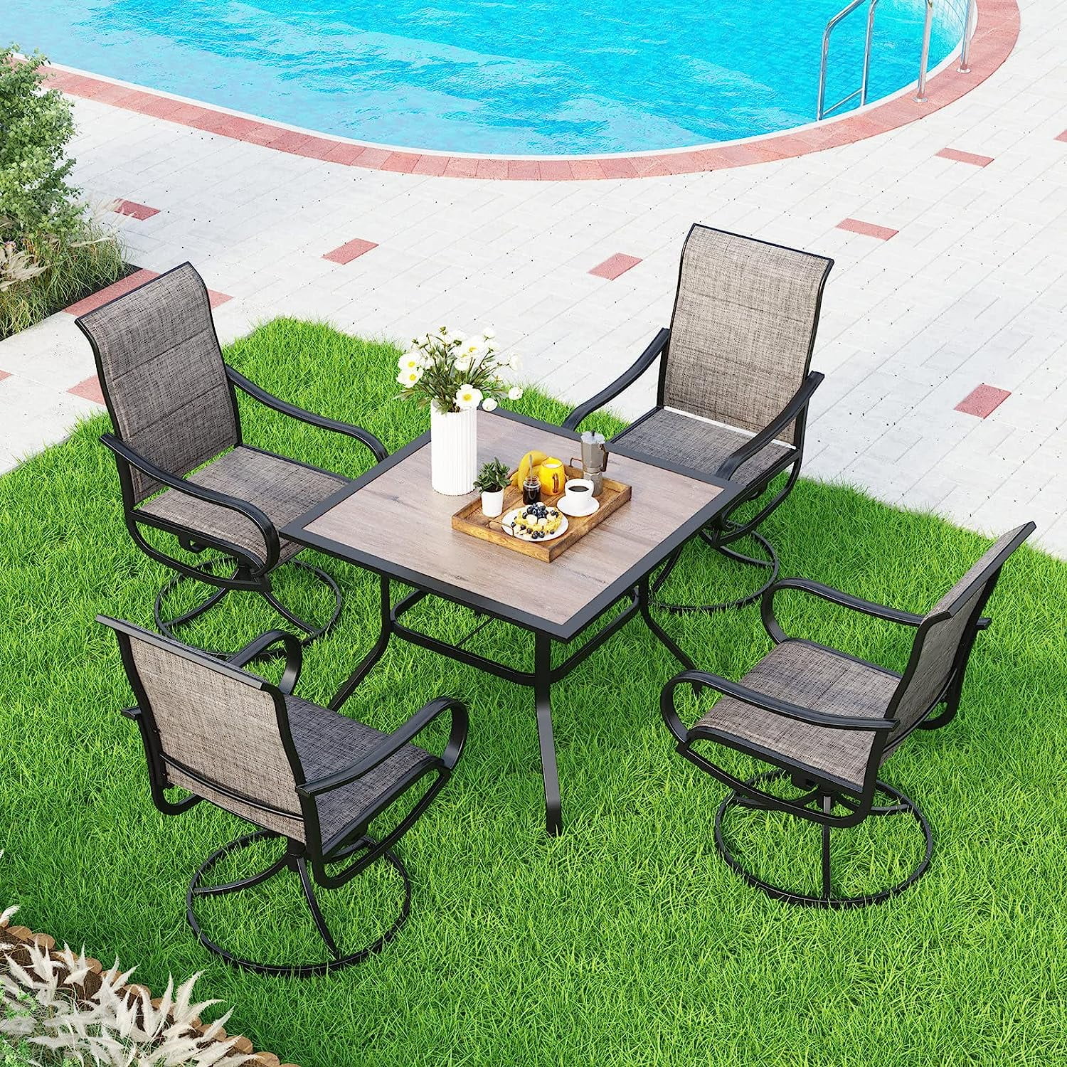 5 Pieces Patio Dining Set  Outdoor Furniture Set with 37" Square Wood-Like Table and 4 Padded Textilene Fabric Swivel High Back Chairs for Garden  Poolside Backyard  Porch