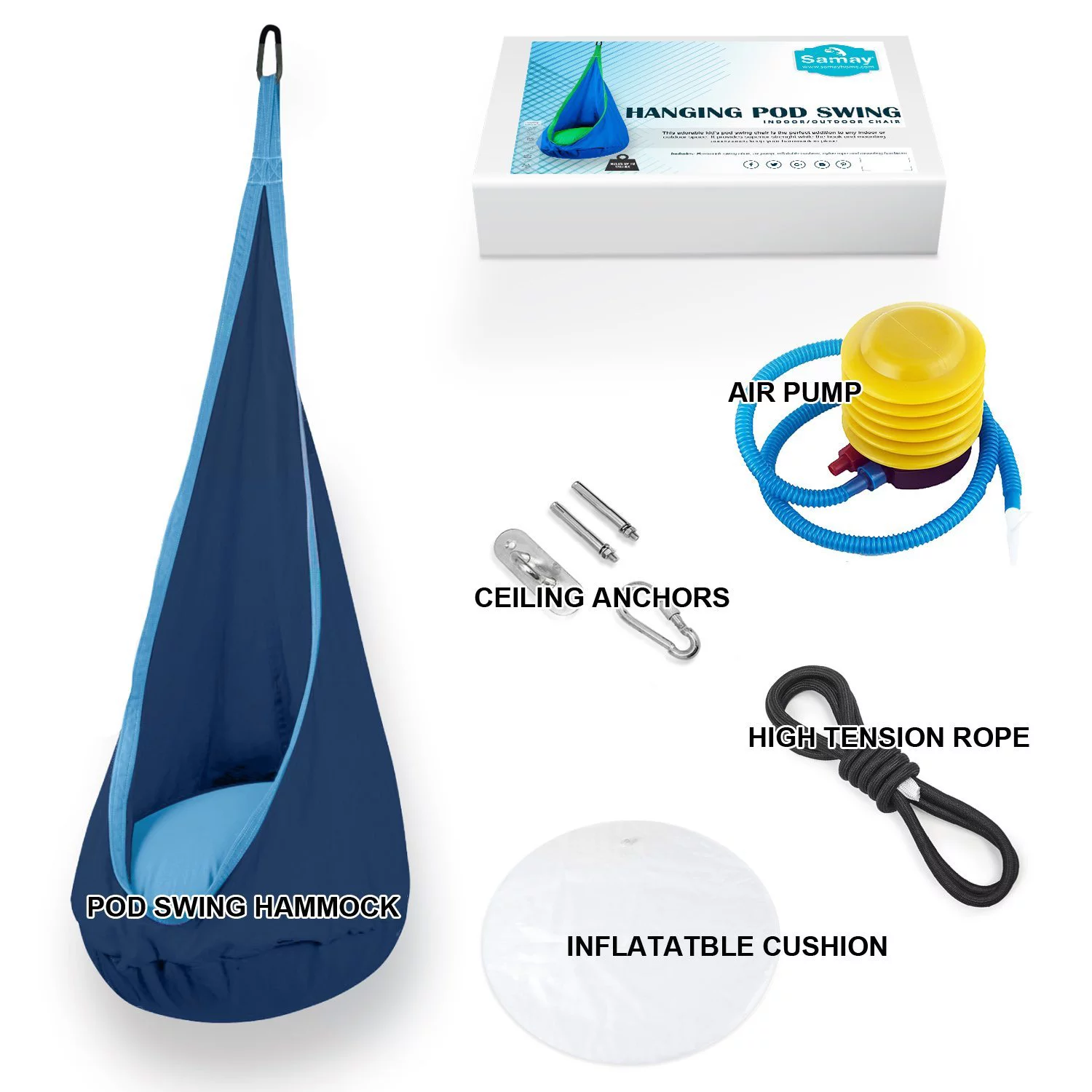 Kids Hanging Hammock Pod Swing Chair Complete Set - Dark Blue