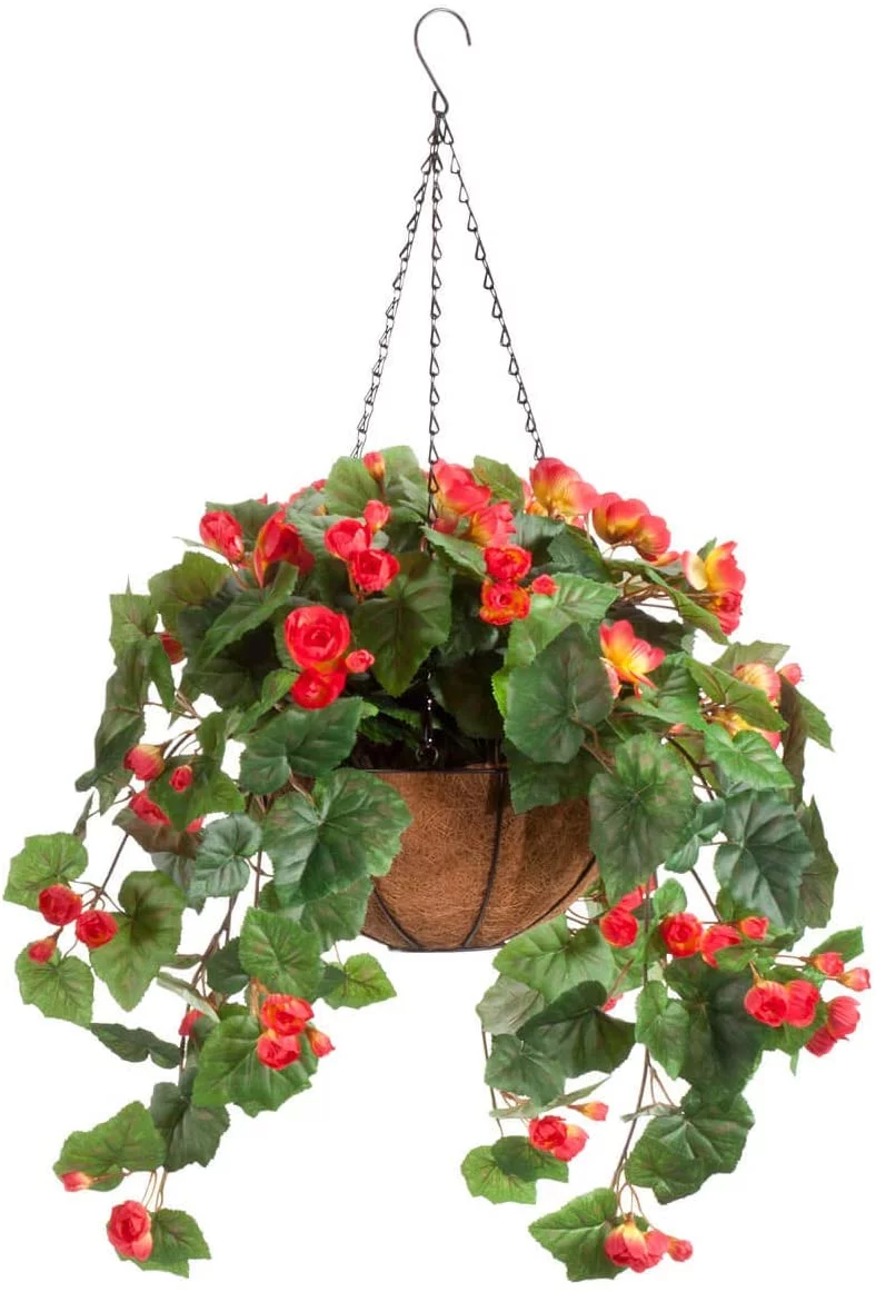 Assembled Artificial Begonia Hanging Basket, 10” Diameter and 18” Chain – Coral Polyester/Plastic Flowers in Metal and Coco Fiber Liner Basket for Indoor/Outdoor Use