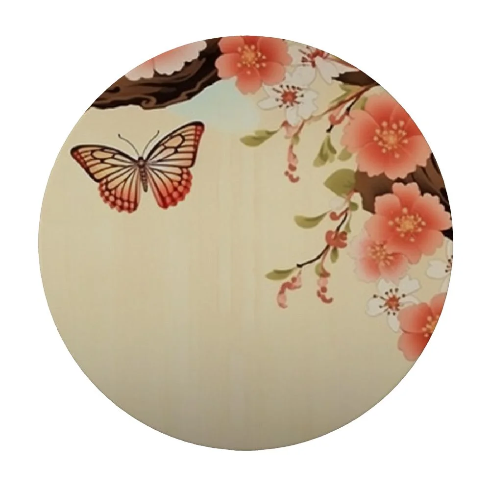 JEUXUS  Oriental Cherry Round Fitted Tablecloth Blossom Butterfly Orange Ethnic Spring Elastic Edge Tablecloth Waterproof Oilcloth Table Cover