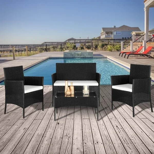 Patio Furniture Set 4 Pieces Outdoor Conversation Set Rattan Chair Wicker Sofa for Balcony Lawn Yard Pool Backyard and Garden (Black)