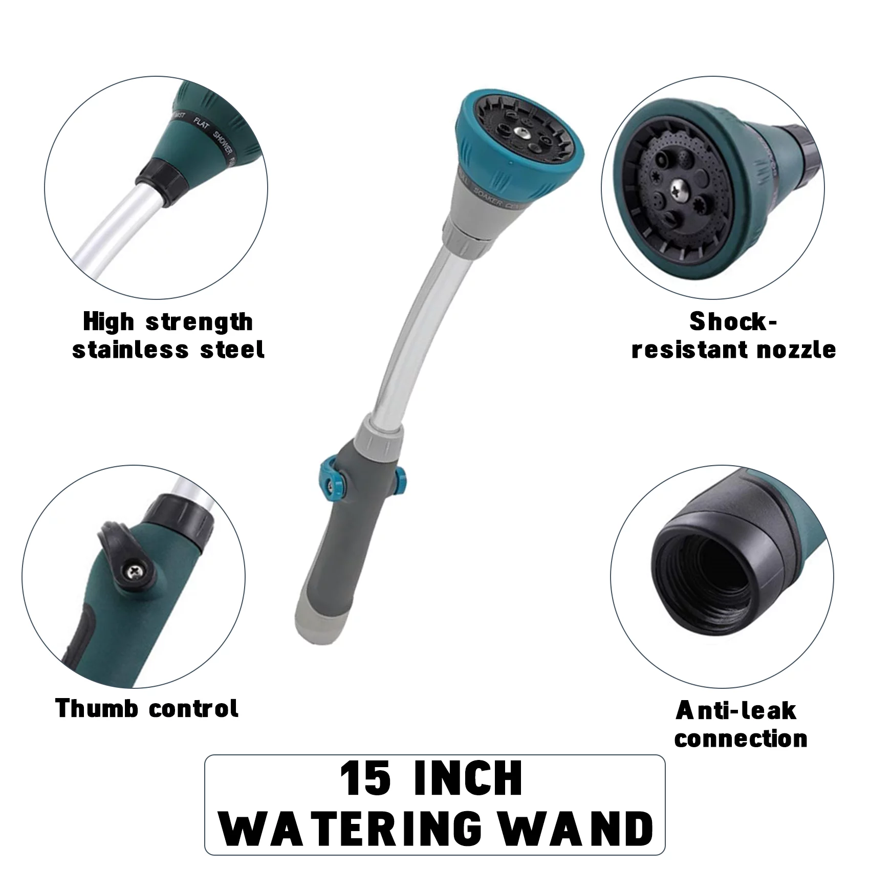 moobody 15 Inch Watering Wand Quick Garden Hose Nozzle Sprayer Wand 8 Watering Patterns Ergonomic Handle Easy On&Off Thumb Control for Garden Lawn Plant Car Wash