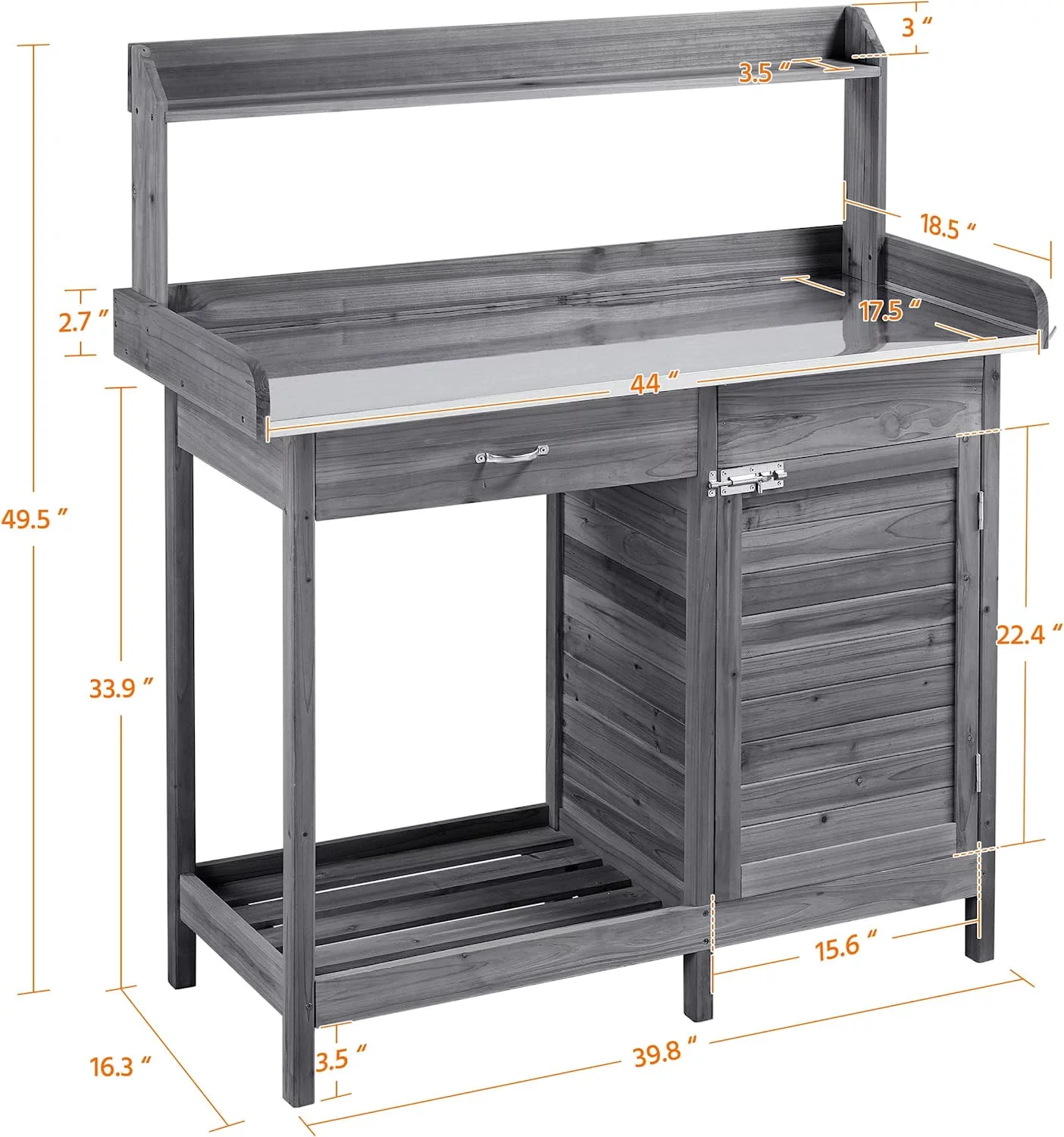 Potting Bench Outdoor Potting Table W/Cabinet Drawer Open Shelf W/Metal Tabletop Solid Wood Work Station W/Top Shelf & Lower Shelf Gray