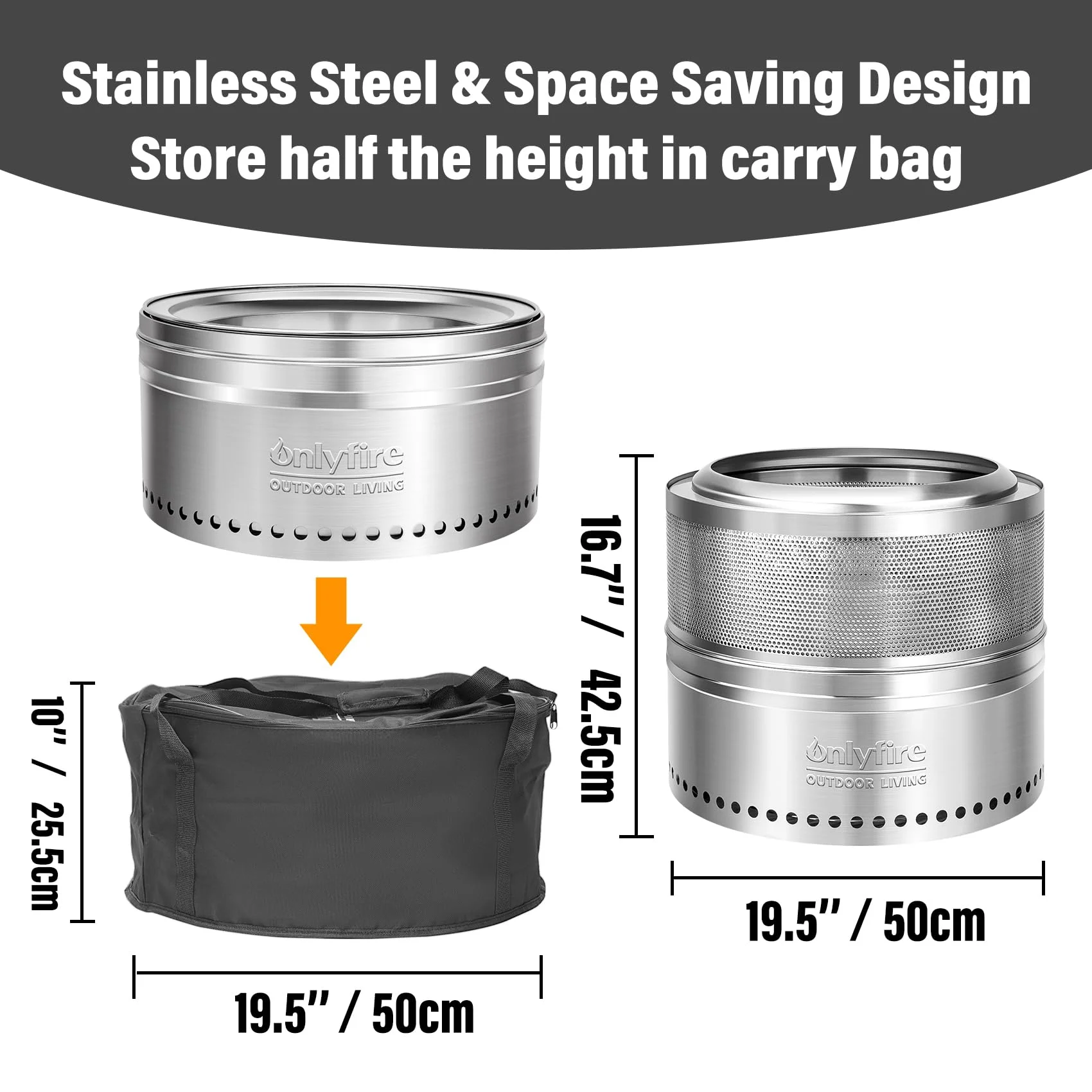 Only Fire 20in Smokeless Fire Pit with Carrying Bag Hollow Style, , 360°Air Flow Design Wood Burning Fireplace, Stainless Steel