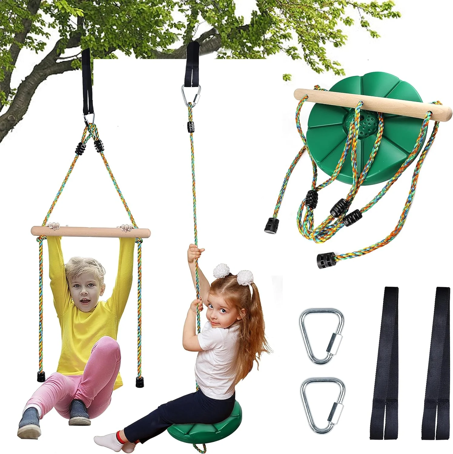 Swing for Kids Disc Swing Tree Swing Set Accessories Rope Swing Adjustable Swing Set with Monkey Bars 1 Carabiner 2 Added Hanging Straps, 3 in 1 Heavy Duty Swingset for Zipline Outdoor Backyard