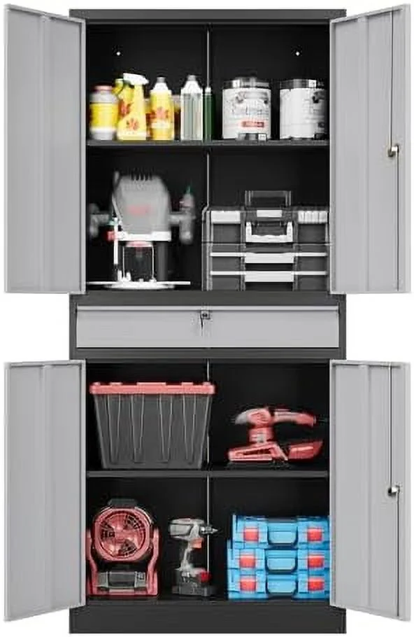LNSETGC 71\u201D Metal  Cabinet-Lockable File Cabinet Garage Tool Cabinet with Doors and Shelves- Gray&Black Steel Cabinet for Garage-Heavy Duty File Cabinet for Home  Office  Gym  Ki