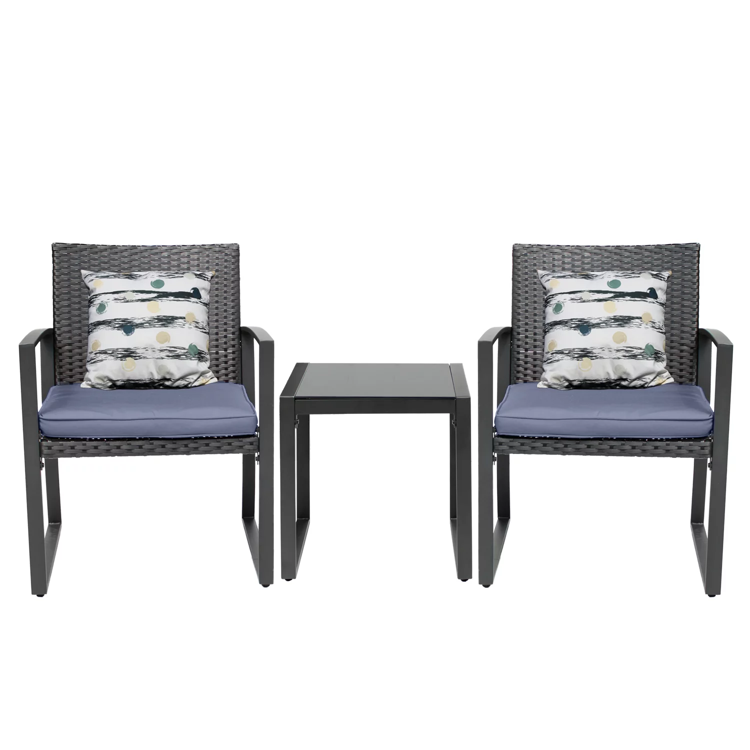 Patio, front door and Deck 3-Piece Meeting Bistro set Black Wicker Furniture-Two Chairs with Glass Coffee Table Grey