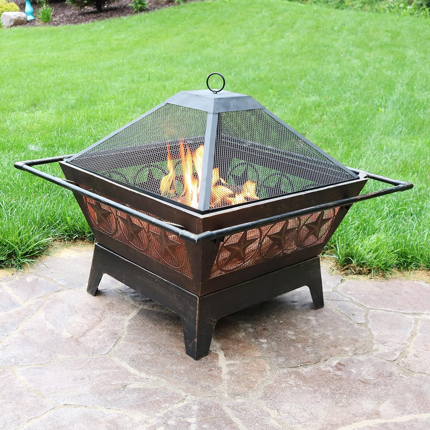 Northern Galaxy 32-Inch Heavy-Duty Square Fire Pit with Cooking Grill Grate, Spark Screen, and Fireplace Poker