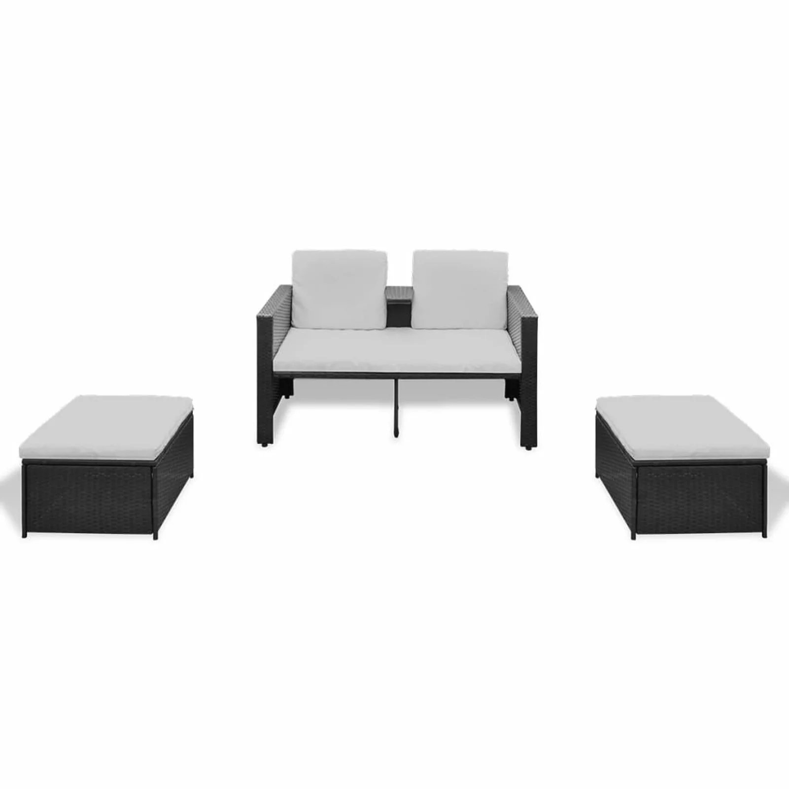 Anself 4 Piece Patio Conversation Set Cushioned Double Seater with Foot Stool Black Poly Rattan Sectional Outdoor Furniture Set for Garden, Backyard, Balcony