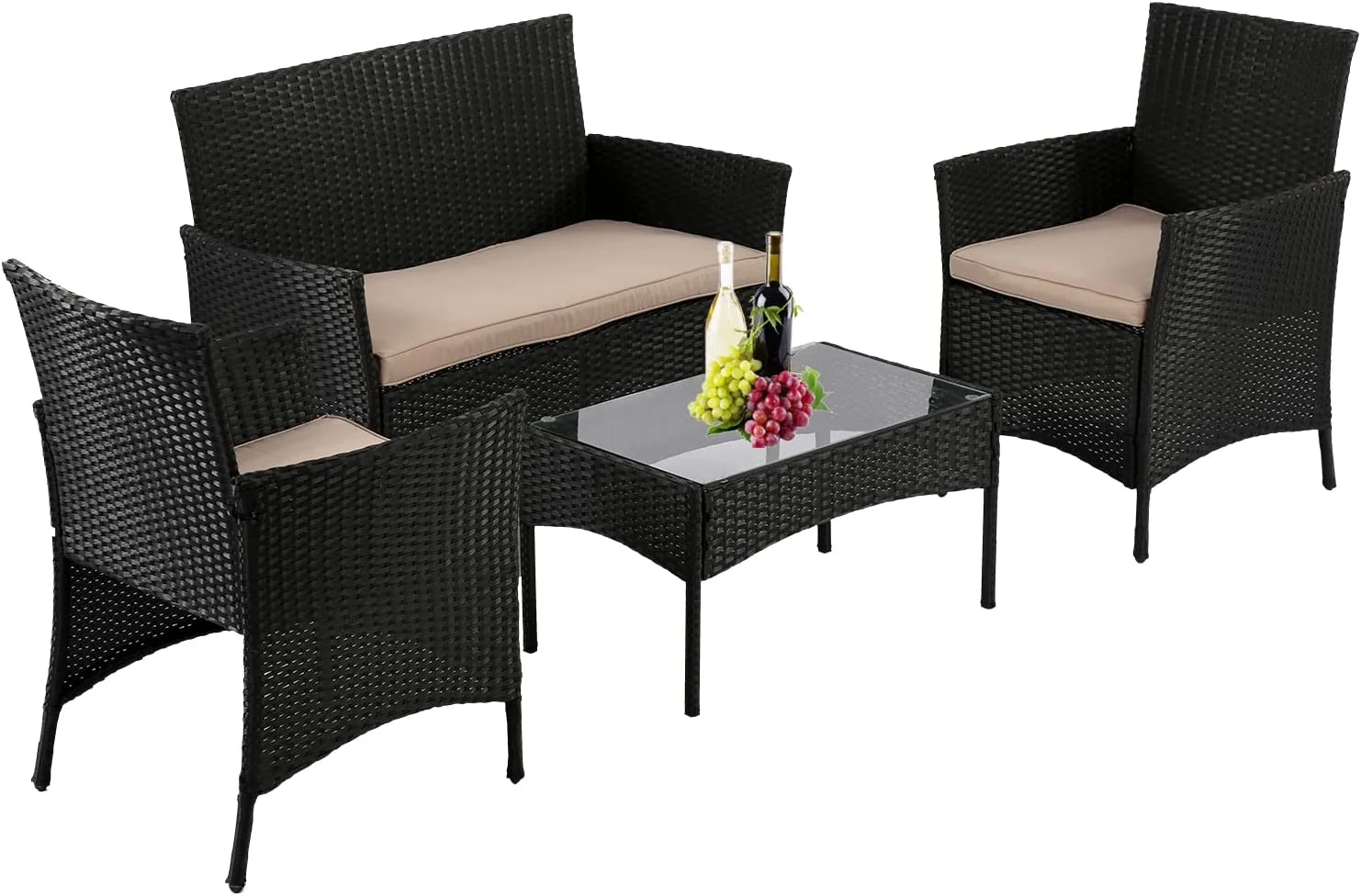 Dina Patio Furniture Set 4 Pieces Outdoor Couch Patio Dining Conversation Set Rattan Chairs Wicker Sofa with Tempered Glass Table for Porch Backyard Lawn Pool(Black)