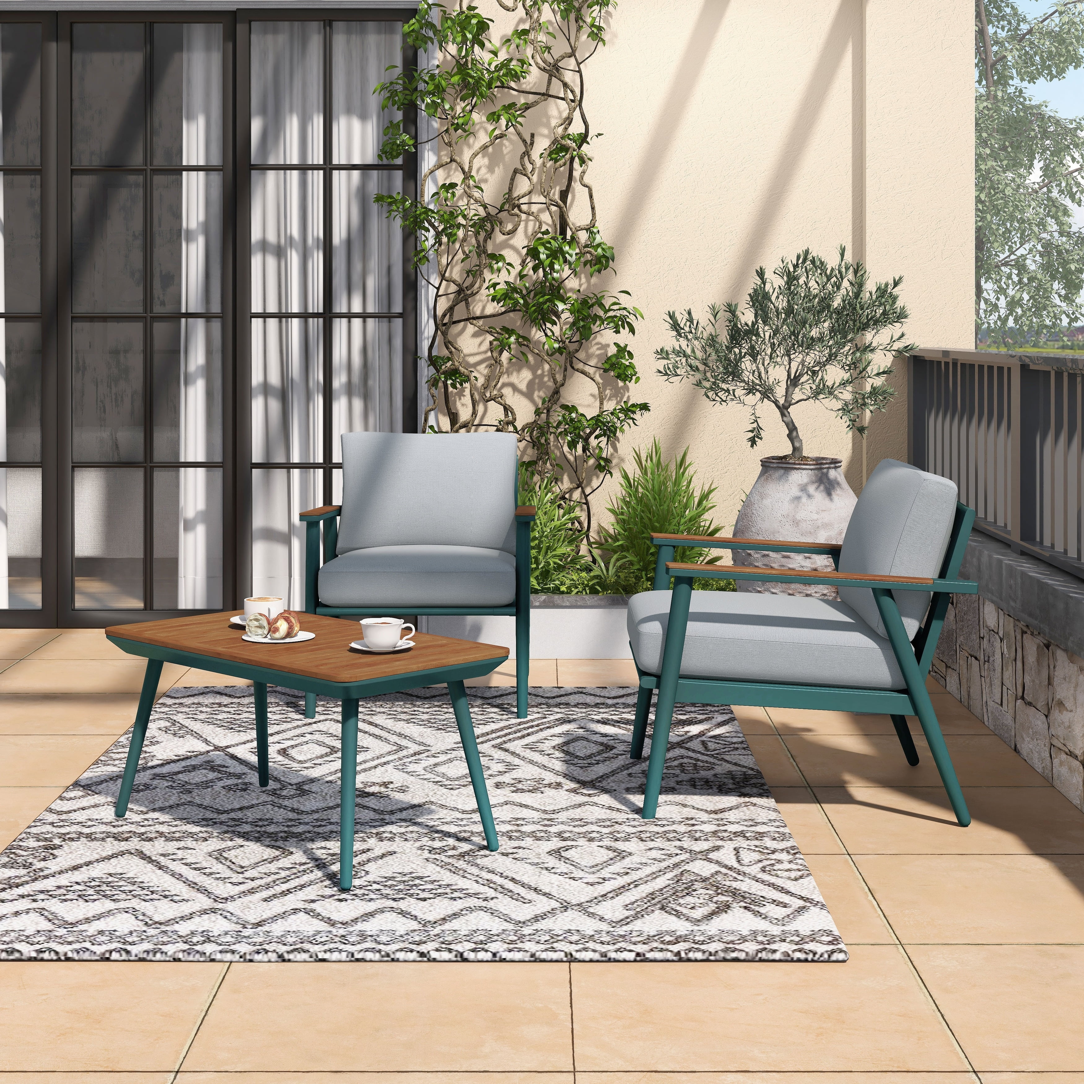 Furniture of America Forreign Contemporary Green and Oak 3-Piece Aluminum Outdoor Bistro Set by