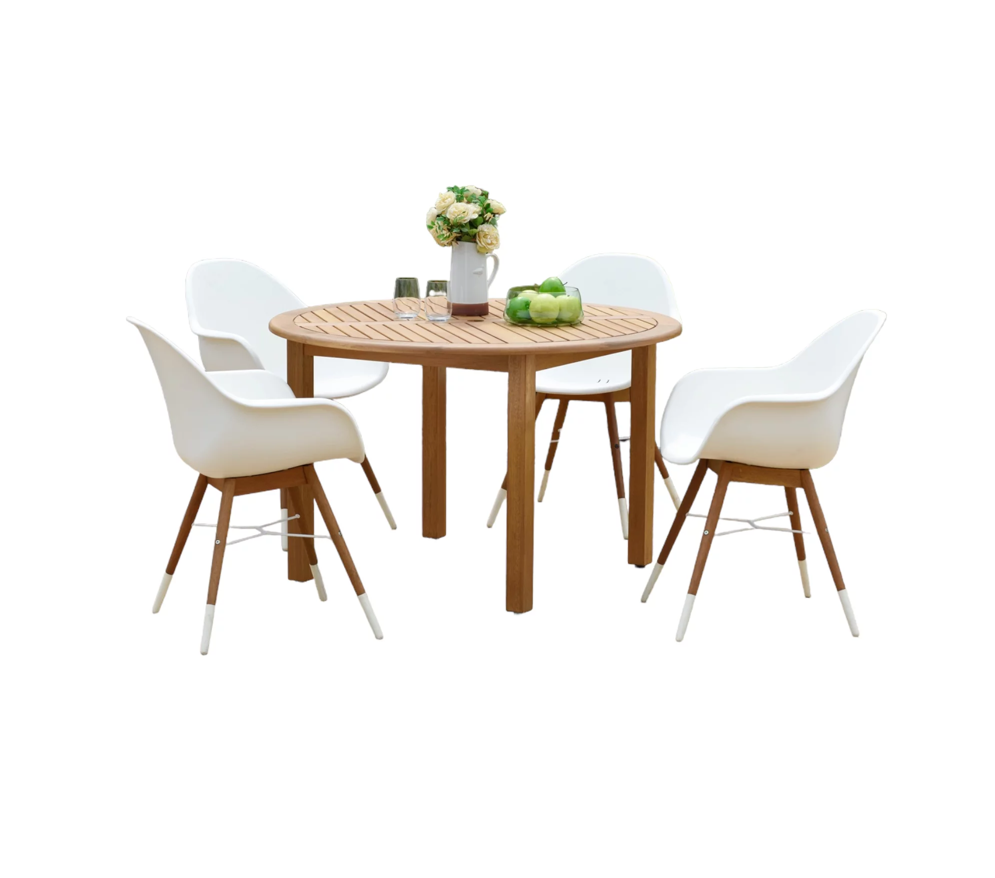 Outdoor Living and Style 5 Piece White and Teak Brown Elegant Outdoor Patio Dining Set 3.75'