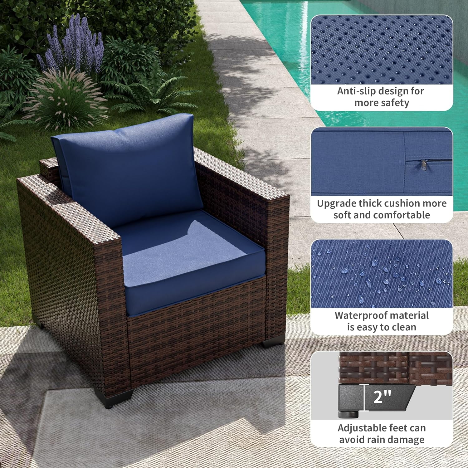 ELPOSUN Outdoor Patio Furniture Set, 8 Pieces Outdoor Wicker Patio-Furniture, Outdoor Sectional Patio Set with Storage Table, Patio Conversation Set for Proch Garden Deck (Navy)