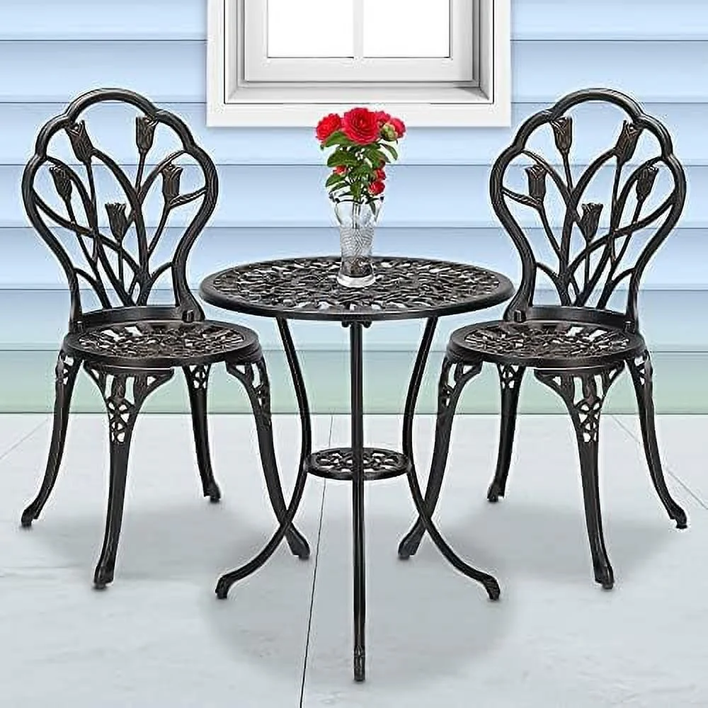 MQLIFEBOOM Antique Copper Finish Outdoor  with Rust-Resistant Small Round Table and 2 Chairs for Porch  Lawn  Garden  Backyard  Pool  Bronze