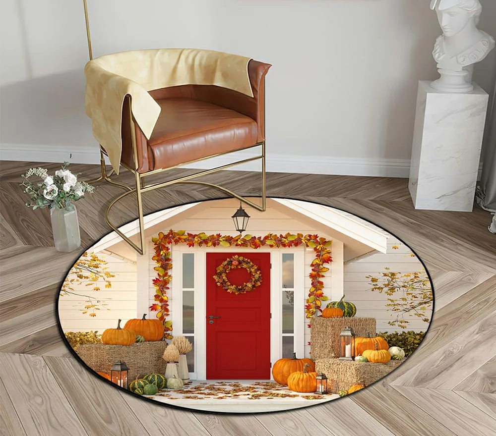 ECZJNT Autumn Decorated House With Pumpkins And Hay Round Area Rugs Diameter 5 x 5ft Floor Carpet Mat for Living Dinning Room Bedroom Kitchen Hallway Office Decor