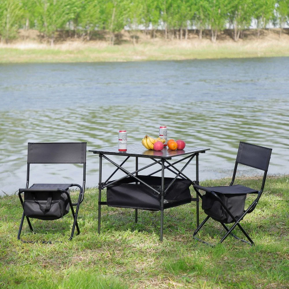Buumin Set of 3, Folding Outdoor Table and Chairs Set for Indoor, Outdoor Camping, Picnics, Beach,Backyard, BBQ, Party, Patio, Black/Gray
