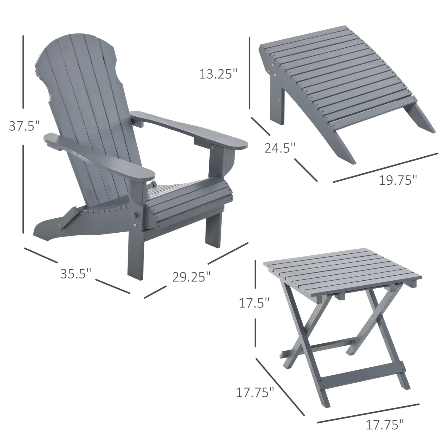 3-Piece Folding Adirondack Chair with Ottoman and Side Table  Outdoor Wooden Fire Pit Chairs w/ High-back  Wide Armrests for Patio  Backyard  Garden  Lawn Furniture  Gray