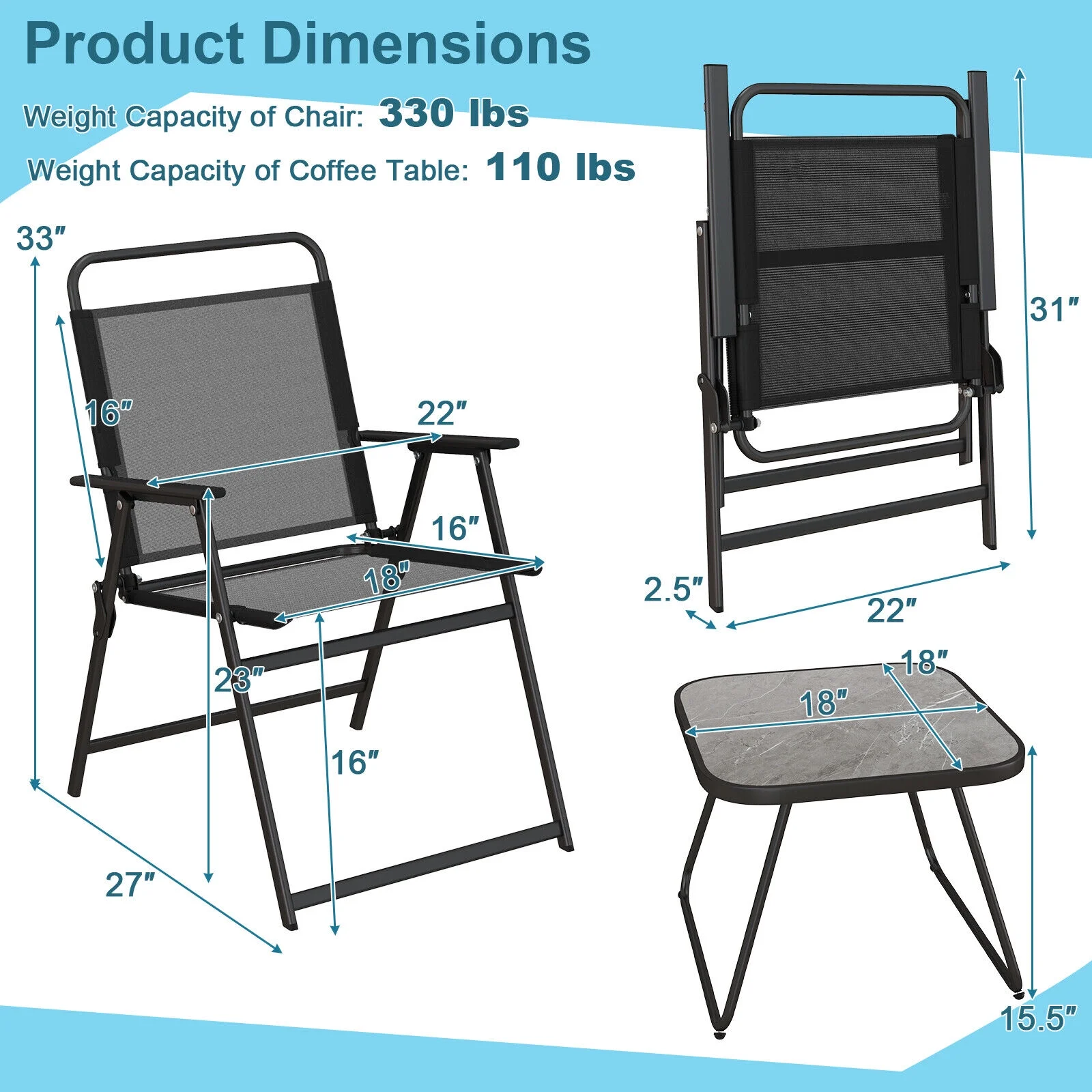 3pcs Patio Folding Conversation Chairs&Table Heavy-Duty Metal Outdoor Portable