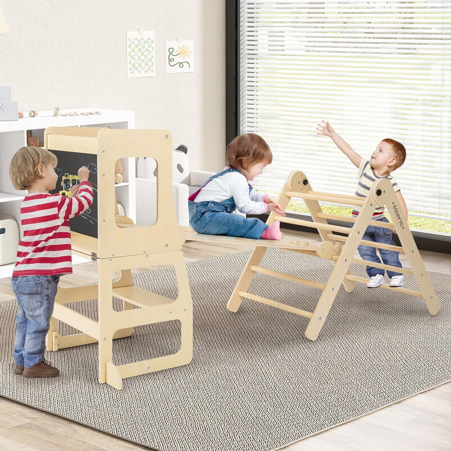 OLAKIDS Climbing Toys for Toddlers, 8 in 1 Foldable Wood Pikler Montessori Jungle Gym with Toddler Tower Angle Adjustable Ladder Ramp Slide, Indoor Kids Playground Climber Triangle Set (Natural)