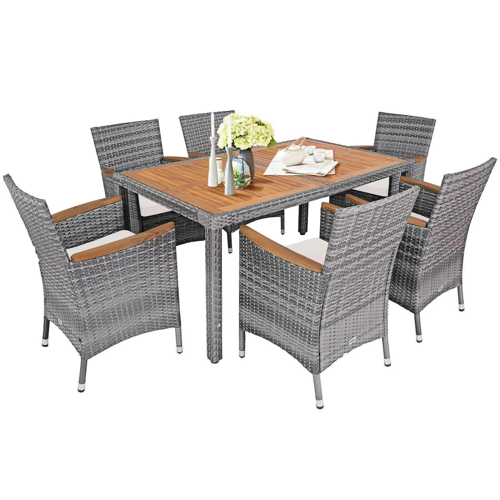 Gray 7PCS Patio Rattan Dining Set Cushioned Chair Wood Table Mix
