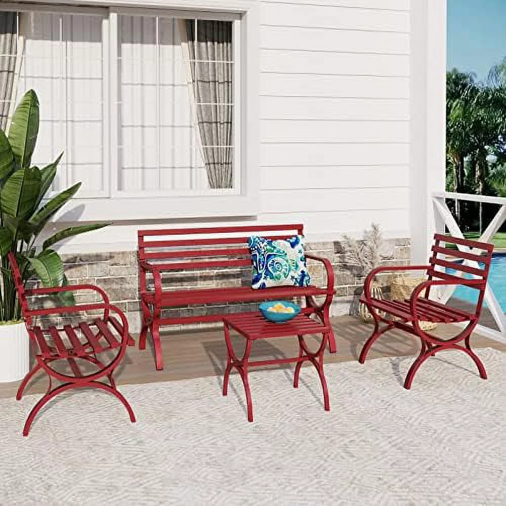 Outdoor Garden Bench Set, 4 Piece Patio Metal Conversation Set With 1 Patio Metal Park Bench, 2 Single Seater Chairs & Patio Side End Table For Porch Lawn Yard Deck, Red