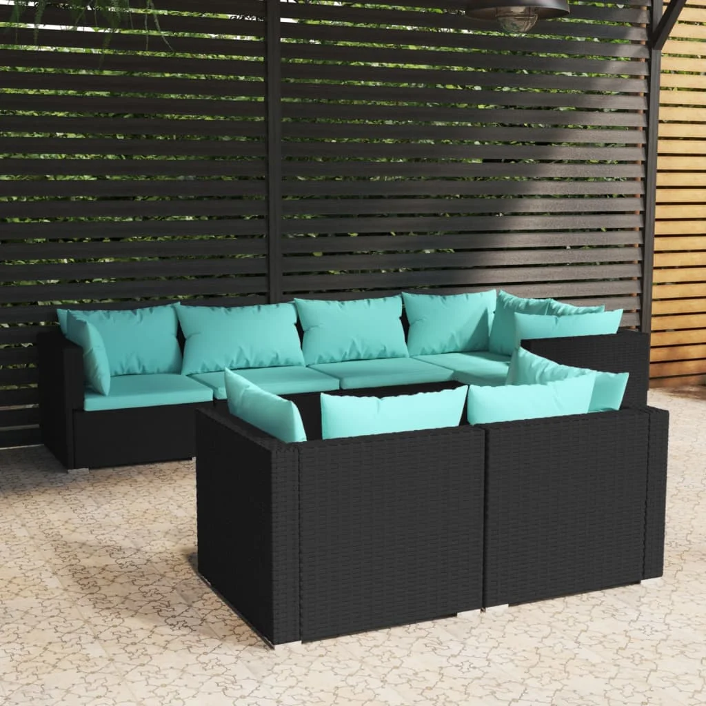 Carevas 7 Piece Patio Set with Cushions Black Poly Rattan