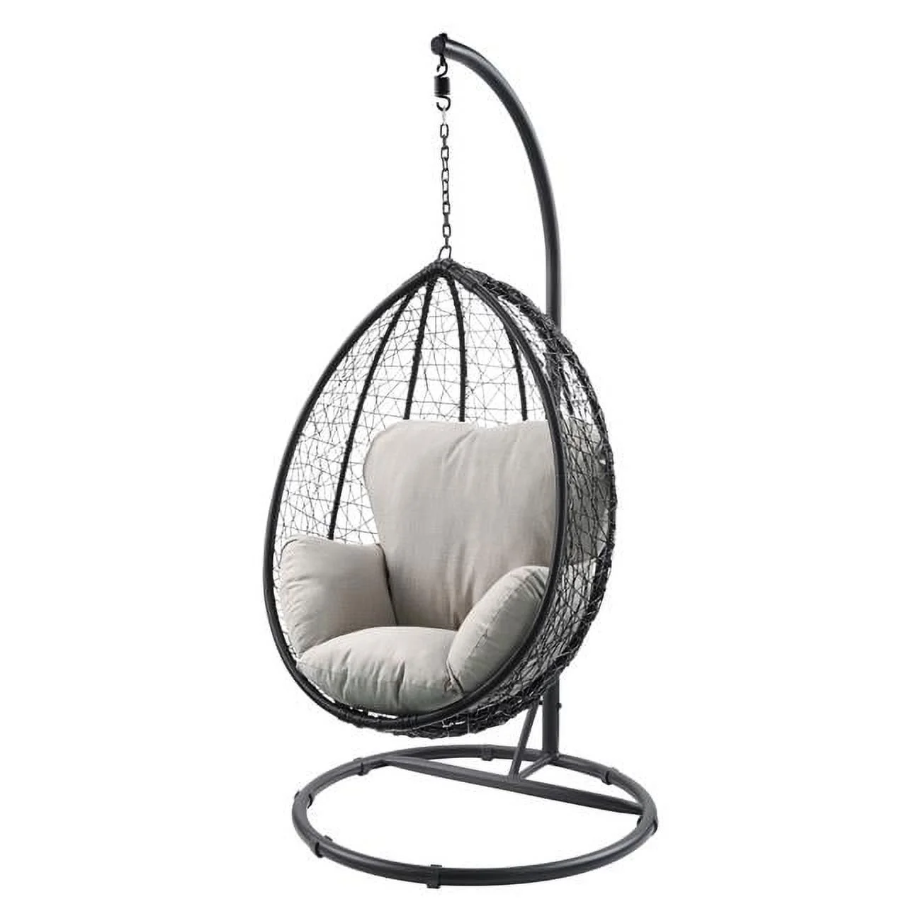Patio Swing Chair with Stand - Synthetic Wicker, Steel, Polyester & Foam, Beige Fabric & Black Wicker