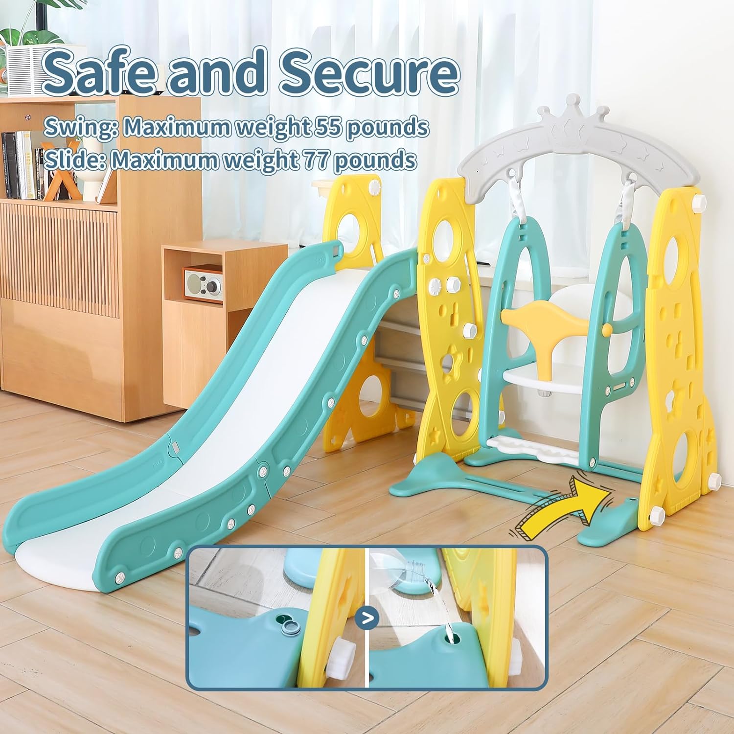 YOUB 4 in 1 Toddler Slide Swing Set, Kids Play Climber Playset Adjustable Height with Basketball Hoop, Slide and Safety Swing Set for Kids Indoor and Outdoor, 1-12 Years Old