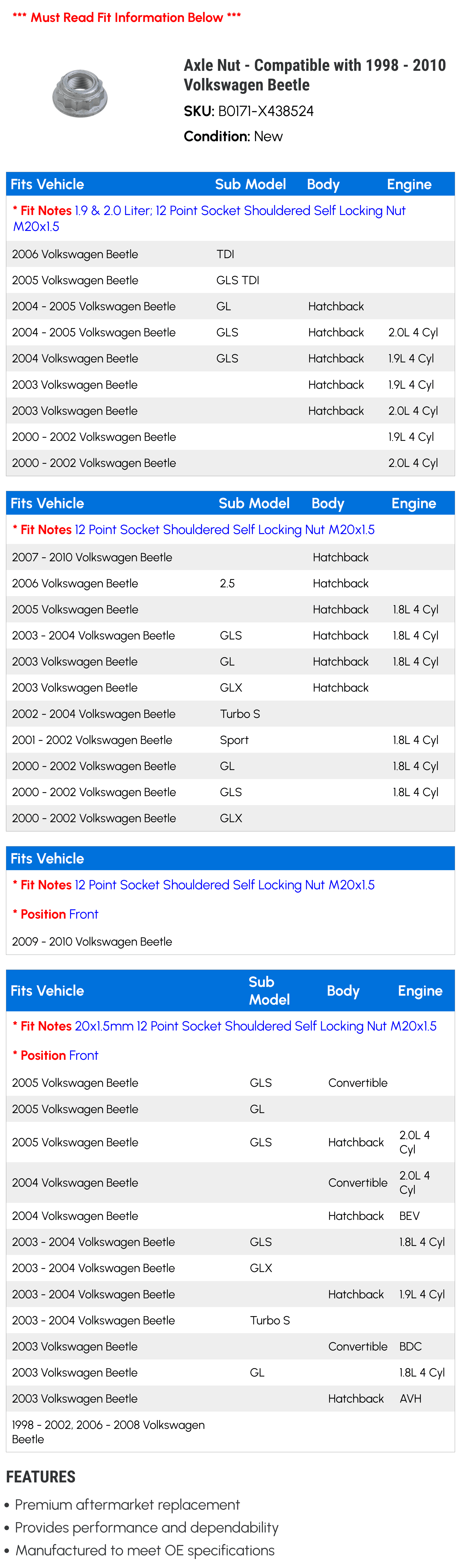 Axle Nut - Compatible with 1998 - 2010 Volkswagen Beetle 1999 2000 2001 2002 2003 2004 2005 2006 2007 2008 2009