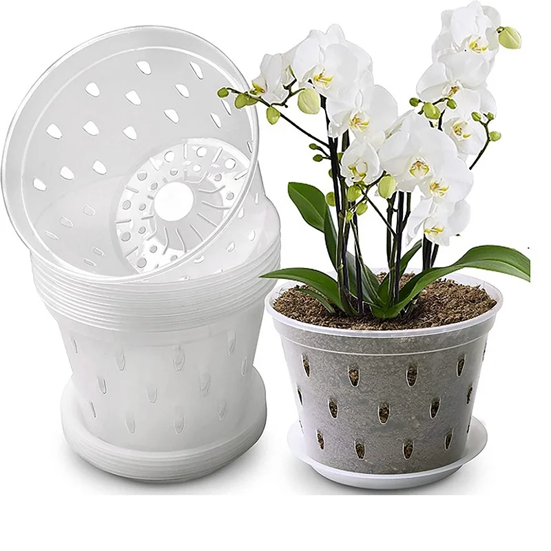 1Pc Flowerpot With Tray Garden Planter Drainage Pots With Holes Transparent Orchid Baskets Plastic Breathable Flower Pots